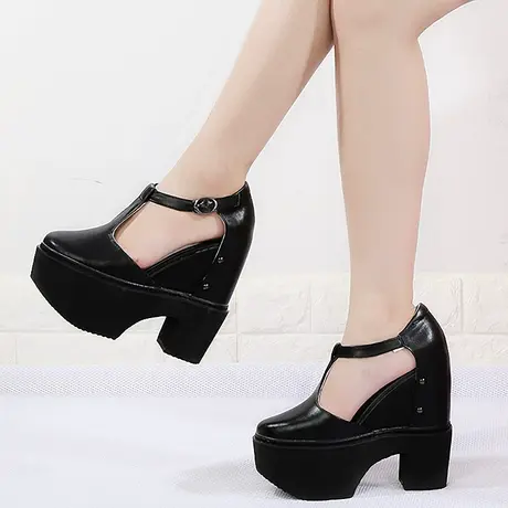 夏季包头凉鞋女内增高15cm坡跟真皮厚底侧空扣带仙女风罗马高跟鞋商品大图