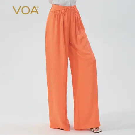 VOA冰橙色22姆米暗纹提花桑蚕丝松紧后腰侧口袋宽松真丝直筒裤女商品大图