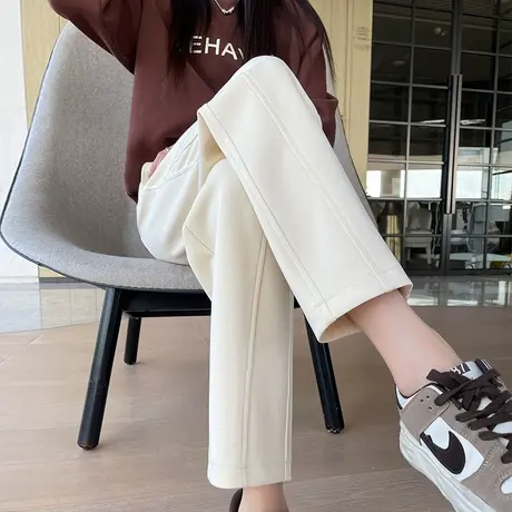 米白色九分抽绳哈伦裤女春秋新款高腰显瘦宽松百搭萝卜休闲直筒裤图片