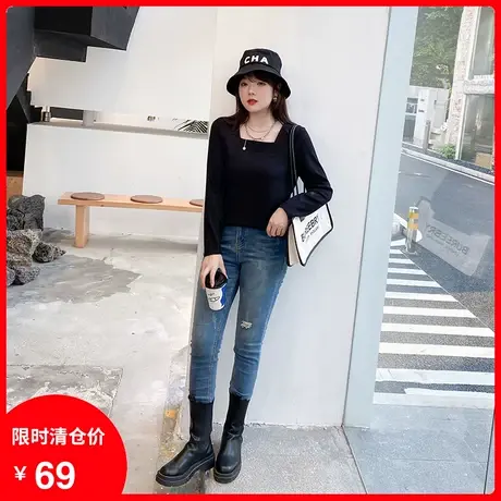 绮娑大码上衣女2024春新款方领套头显瘦亮丝胖MM打底黑色针织衫商品大图