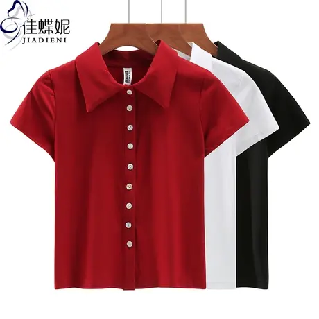 夏季新款韩版翻领修身纯棉纯色开衫短款纯色短袖上衣衬衫女装图片