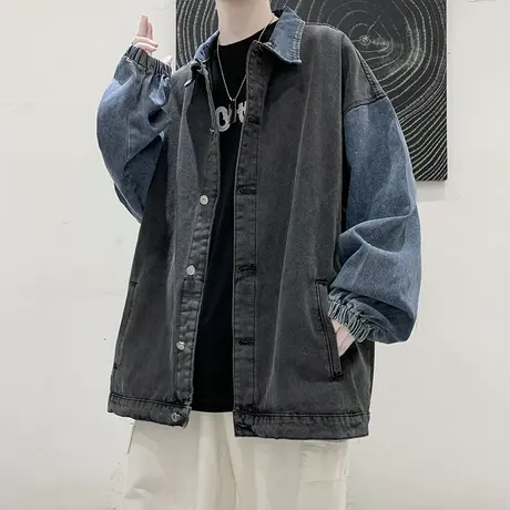 潮流宽松百搭牛仔外套男潮牌翻领休闲拼接夹克港风春季工装上衣服商品大图