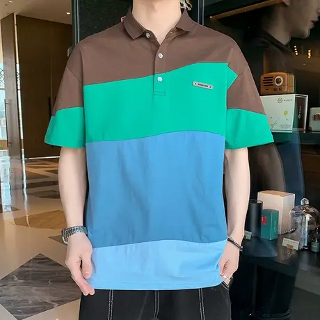 夏季潮牌拼接撞色翻领个性POLO衫男韩版潮流港风宽松短袖t恤男装商品大图