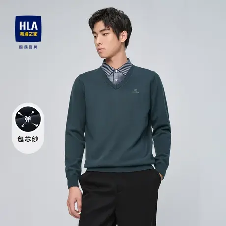 HLA/海澜之家V领假两件保暖针织衫23秋冬新款条纹撞色加厚毛衣男图片