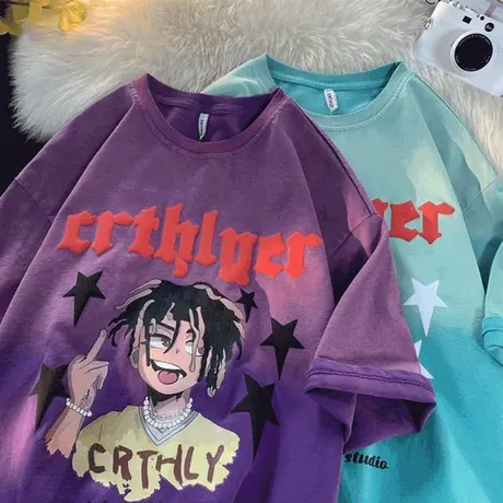 夏季新款立体发泡印花短袖T恤男2025潮流宽松薄款渐变做旧体恤衫商品大图