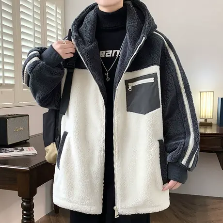 羊羔绒外套男冬季加绒加厚2023新款夹克男连帽痞帅高级感冬天棉袄商品大图