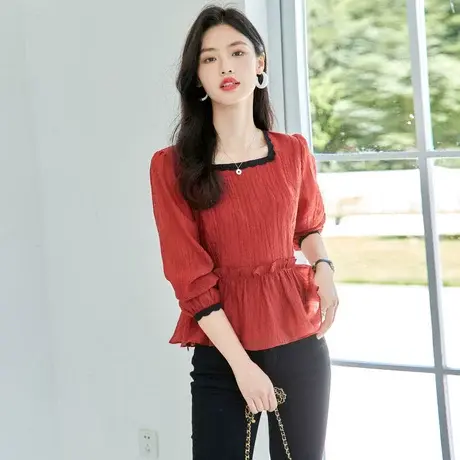 时尚气质百搭长袖衬衫2022年秋季新款方领设计感上衣图片