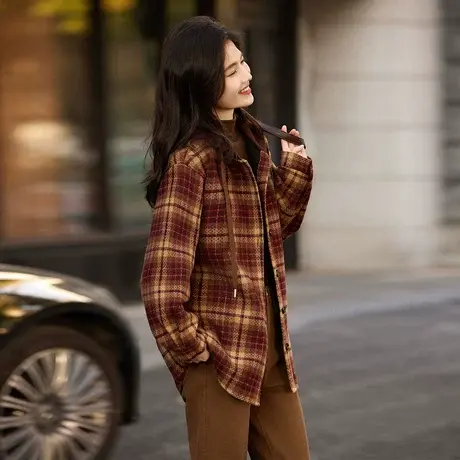 时尚气质外套2023年冬季新款女百搭连帽格子减龄厚款通勤休闲上衣商品大图