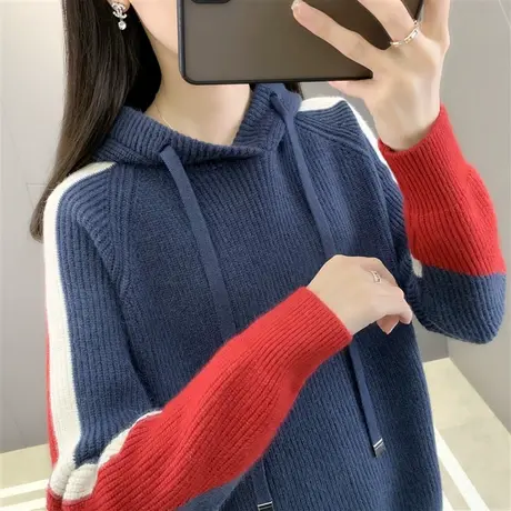 连帽针织衫女秋装新款2022韩版宽松慵懒套头加厚打底毛衣卫衣帽衫图片