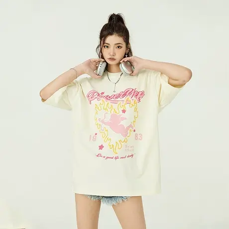 YEP美式复古印花t恤女短袖2025夏季新款设计感小众ins潮纯棉上衣商品大图