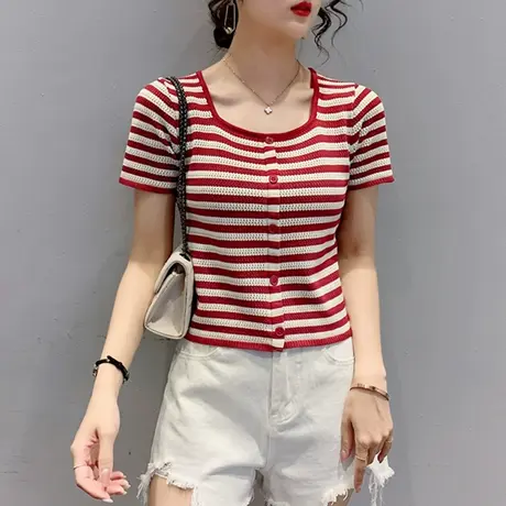 u领短袖冰丝针织衫女2023春夏秋新款短款条纹上衣镂空薄款t恤衫潮图片