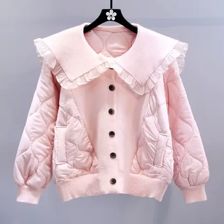 设计感荷叶边娃娃领针织拼接棉服女冬季2023新款宽松加厚棉衣外套图片