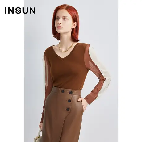 INSUN恩裳冬季拼接真丝袖打底修身毛织衫图片