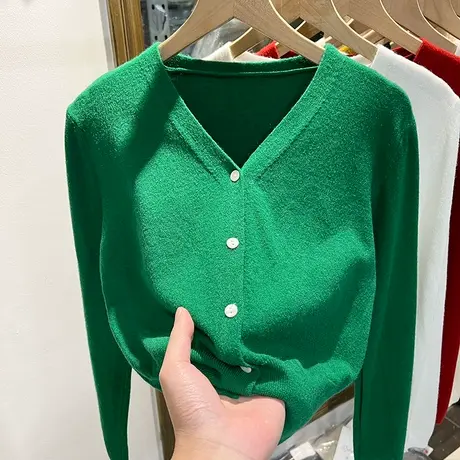 纯色百搭V领短款高腰软糯针织衫开衫女上衣2023春装新款洋气毛衣商品大图