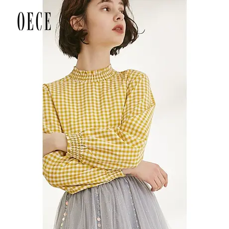 Oece春装新款女装 减龄甜美撞色蝴蝶结复古细格长袖上衣女春图片