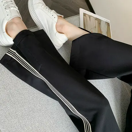 开叉窄版微喇裤女秋季新款高腰显瘦垂感直筒侧条纹运动休闲长裤子商品大图