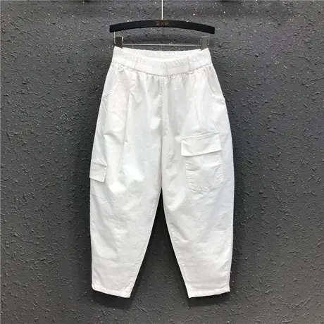 白色工装裤女春夏新款港味宽松显瘦老爹裤休闲个性口袋八分哈伦裤图片