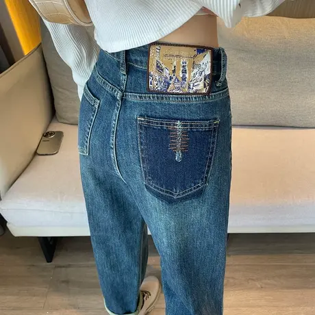 蓝色老爹牛仔裤女秋季2024年新款高腰显瘦直筒裤撞色萝卜哈伦裤子商品大图