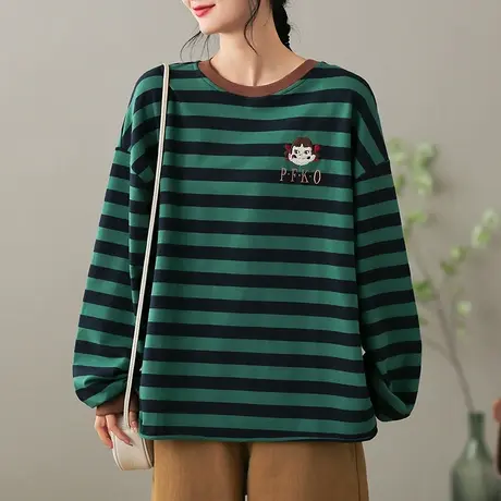 dza 圆领套头条纹卫衣女士2023春季新款休闲短款外套宽松长袖上衣商品大图