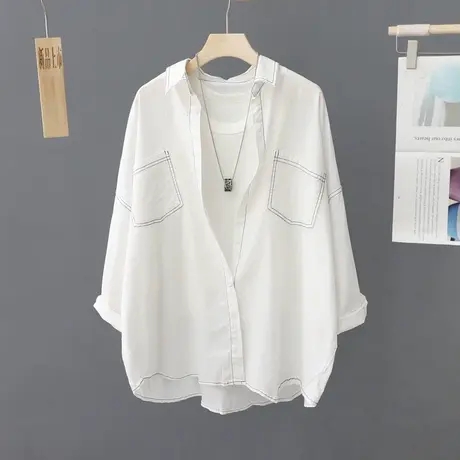 慵懒风宽松衬衫女设计感小众明线装饰七分袖衬衣别致上衣洋气女装商品大图