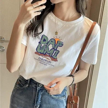 白色纯棉短袖t恤女夏2023年新款宽松百搭字母印花半袖上衣打底衫图片