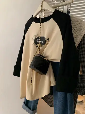 个性洋气减龄撞色拼接插肩袖长袖T恤女ins潮韩版设计感小众上衣夏商品大图