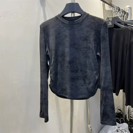 2023新款两边收腰褶皱晕染长袖T恤女秋设计感小众打底衫短款上衣商品大图