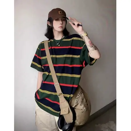 美式复古条纹短袖t恤女夏季新款设计感小众宽松圆领休闲半袖上衣商品大图