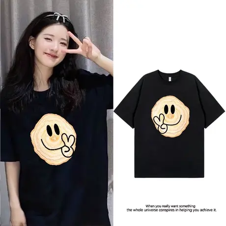 胖mm别致复古chic港风oversize纯棉t恤女夏ins韩版宽松短袖上衣潮商品大图