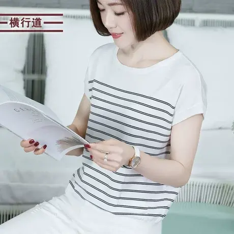 半袖宽松打底衫2024新款上衣夏季女装圆领条纹中年妈妈短袖针织衫图片