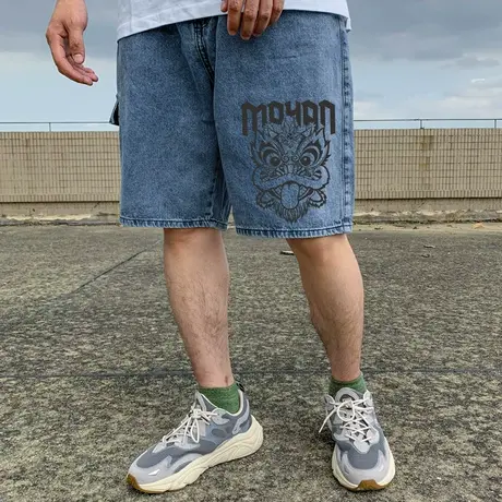 胖子重磅牛仔短裤男士口袋宽松过膝加肥加大码纯棉夏季中裤五分裤图片