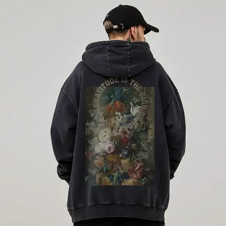 大码连帽美式重磅复古胖子男装潮流宽松水洗做旧卫衣加绒春秋冬款图片