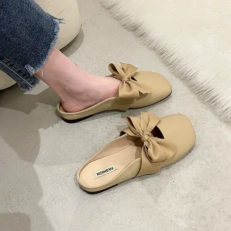 永希包头半拖女2024年夏季新款方头蝴蝶结小皮鞋百搭平底外穿凉拖商品大图