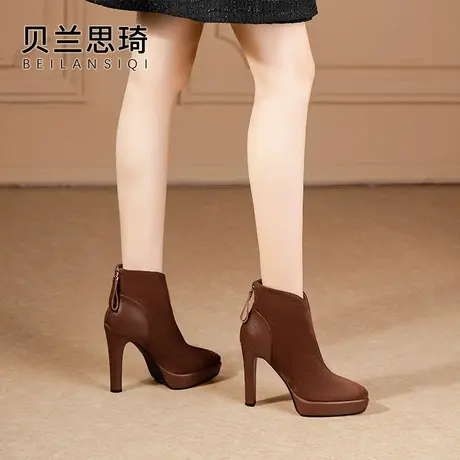 磨砂真皮尖头厚底粗跟短靴踝单靴女2023秋冬季防水台超高跟马丁靴图片