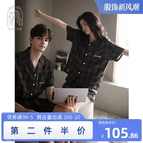 妮狄娅情侣睡衣女夏纯棉短袖甜美蝴蝶领男格子开衫休闲家居服套装商品大图