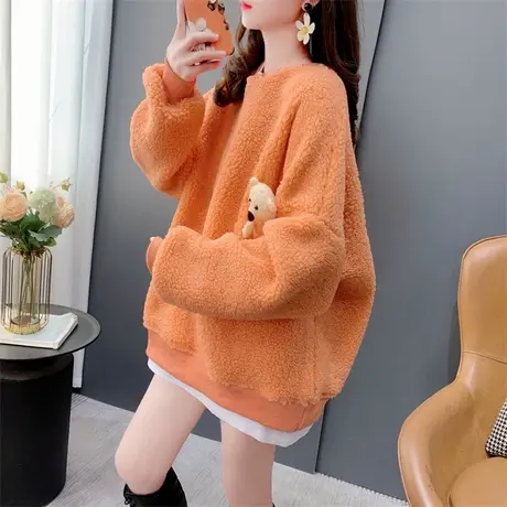 假两件加绒加厚羊羔毛卫衣女秋冬2023年新款宽松洋气减龄上衣外套商品大图