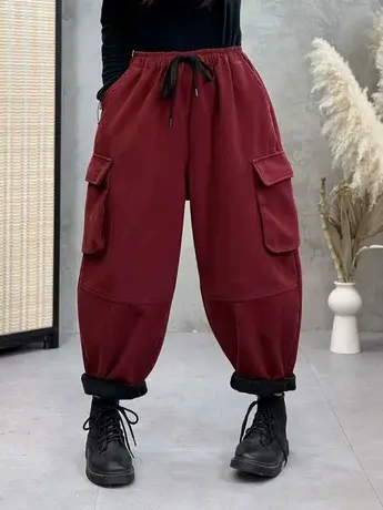 2023秋冬季新款胖mm加绒加厚休闲裤时尚百搭大码女装大口袋哈伦裤图片