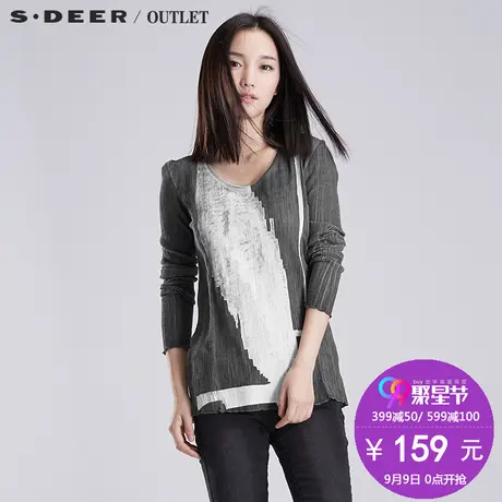 sdeer圣迪奥秋装女装文艺肌理裂感抽象印花长袖圆领衬衫S16180543图片