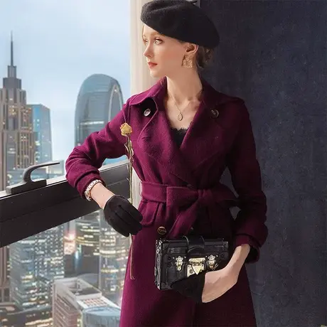 【直播】粉红大布娃娃新潮双排扣系腰带设计感长款双面呢大衣外套图片