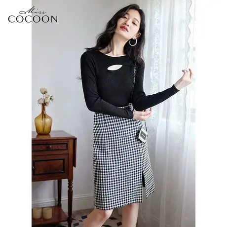 missCOCOON法式黑色针织衫女2023新款春秋镂空设计感显瘦打底上衣图片