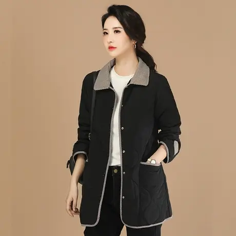 新品88折】撞色拼接中长款黑色棉服女2023冬季新款休闲棉衣外套商品大图
