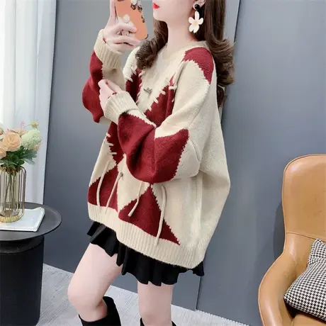设计感超好看红色菱格毛衣女秋冬2023年新款宽松洋气减龄针织上衣图片
