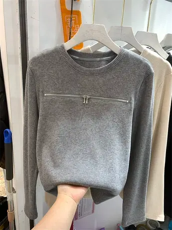 欧货拉链设计感螺纹棉T恤女长袖2023冬季新款弹力磨毛打底衫上衣图片