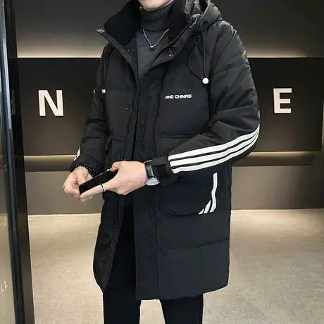 2023冬季男士新款中长款连帽羽绒服个性条纹拼接加厚棉服保暖棉衣图片