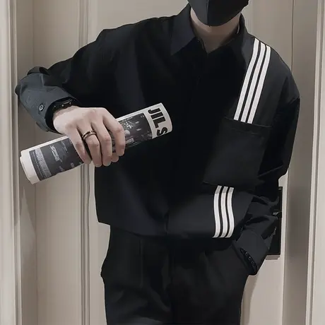 韩版ins竖条纹设计感长袖衬衫男秋季宽松痞帅发型师休闲衬衣上衣商品大图