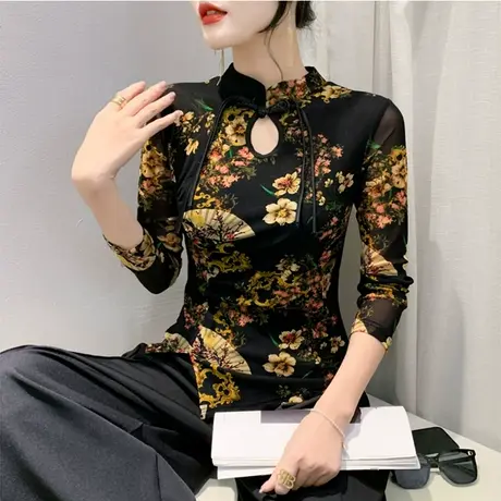 性感镂空网纱T恤女长袖气质漂亮扎染印花上衣不规则盘扣打底衫潮商品大图