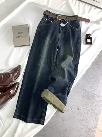 水洗磨白牛仔阔腿裤女2023冬季新款显瘦百搭高腰宽松垂感直筒长裤图片