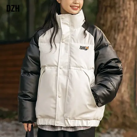 男生PU皮立领棉服男冬季加厚2024新款拼接棉衣外套面包服男女同款商品大图