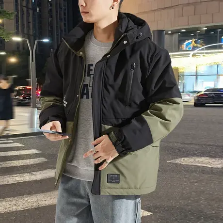 唐狮2023冬新款羽绒服男短款连帽拼接撞色冲锋少年工装加厚外套wp图片