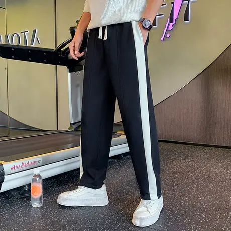 2023直筒运动裤男款春秋季重磅宽松卫裤美式潮牌拼色条纹阔腿长裤商品大图